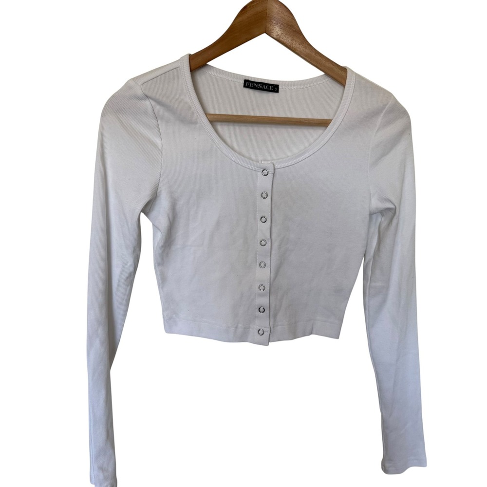 Fensace Crop Top Womens Small White Excellent Ribbed Snap Front Long Sleeve